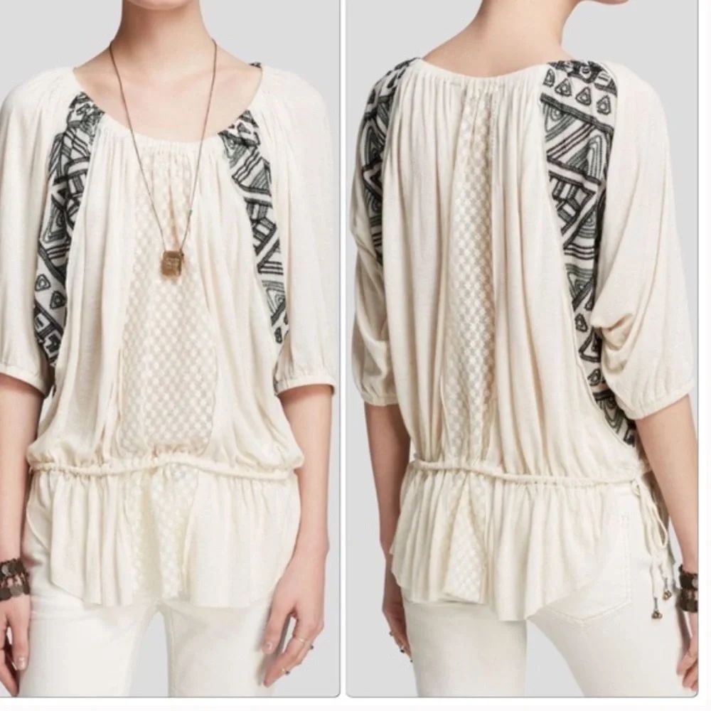 Free People Ivory Boho Peasant Tunic Top Embroidered Tribal M Festival Hippie